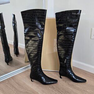 Michael Kors Women's Cosmo Black Croc Embossed Kitten Heel Booties, NWB, Sz 10